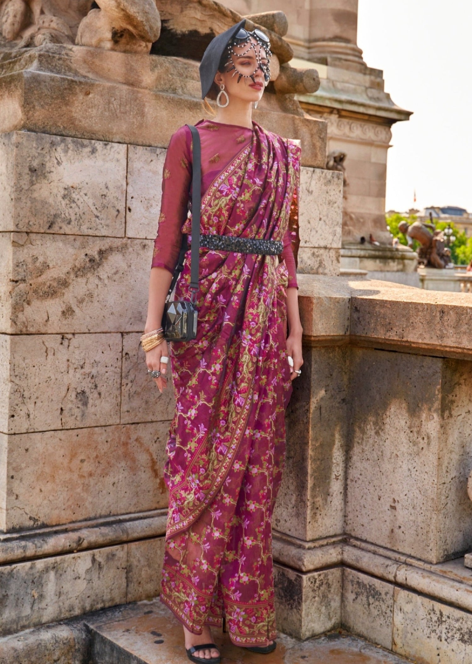 Pure handloom kashmiri organza embroidered maroon red bridal saree online for bride uk.