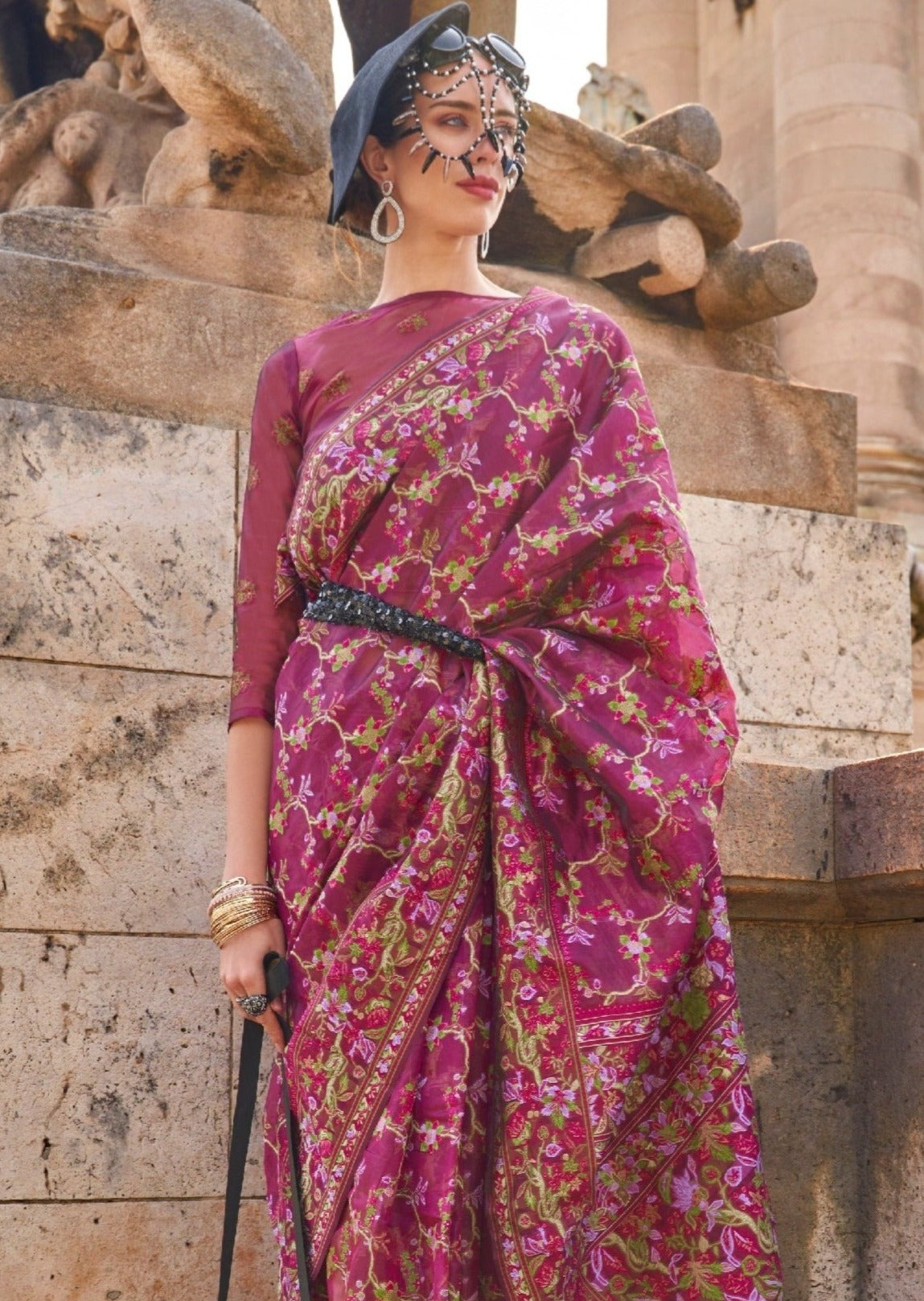 Pure handloom kashmiri organza embroidered maroon red bridal saree online india.