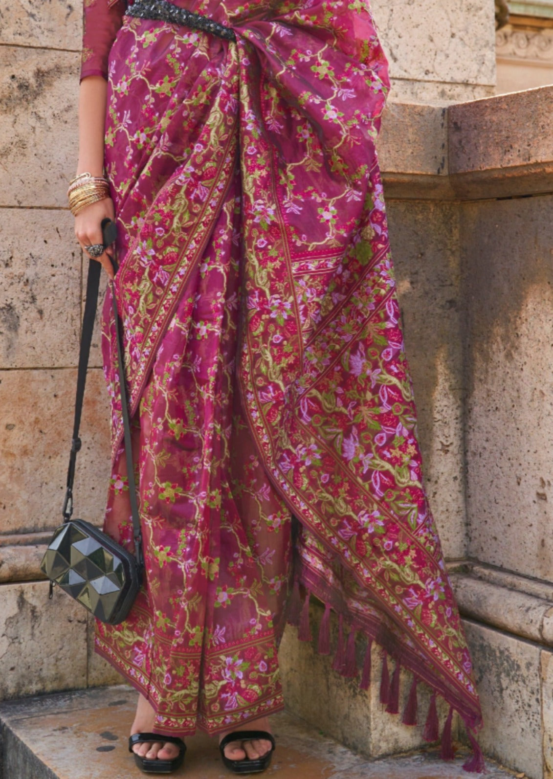 Pure handloom kashmiri organza embroidered maroon red bridal saree online for wedding.