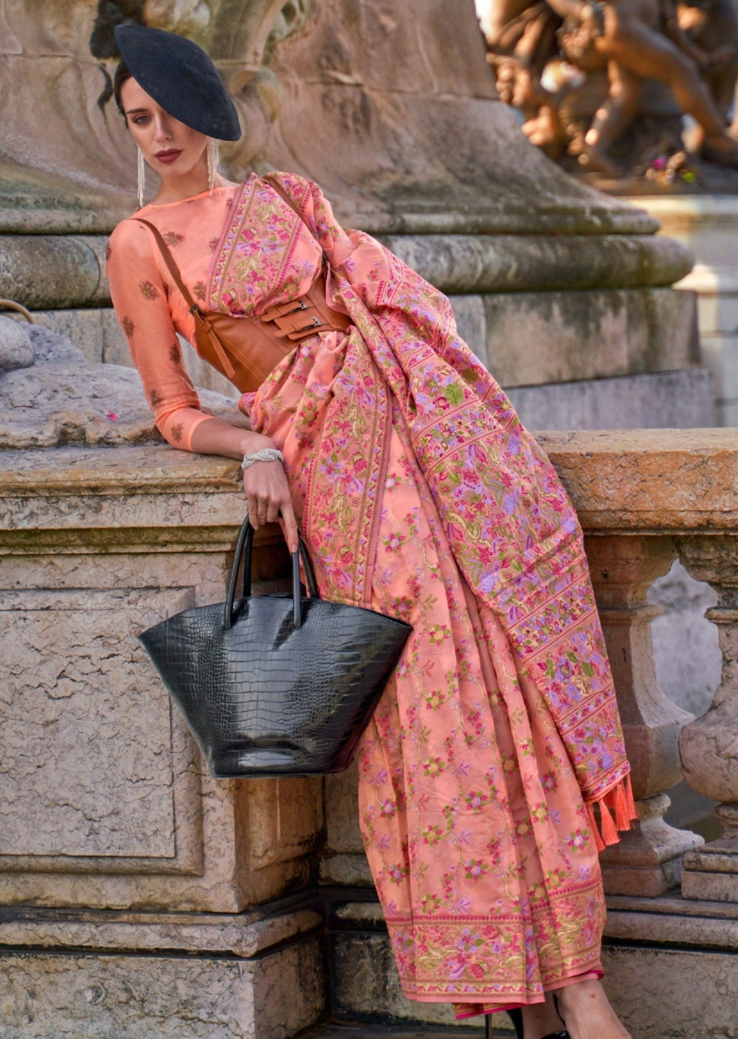 Pure handloom kashmiri organza embroidered peach saree online for bride wedding.