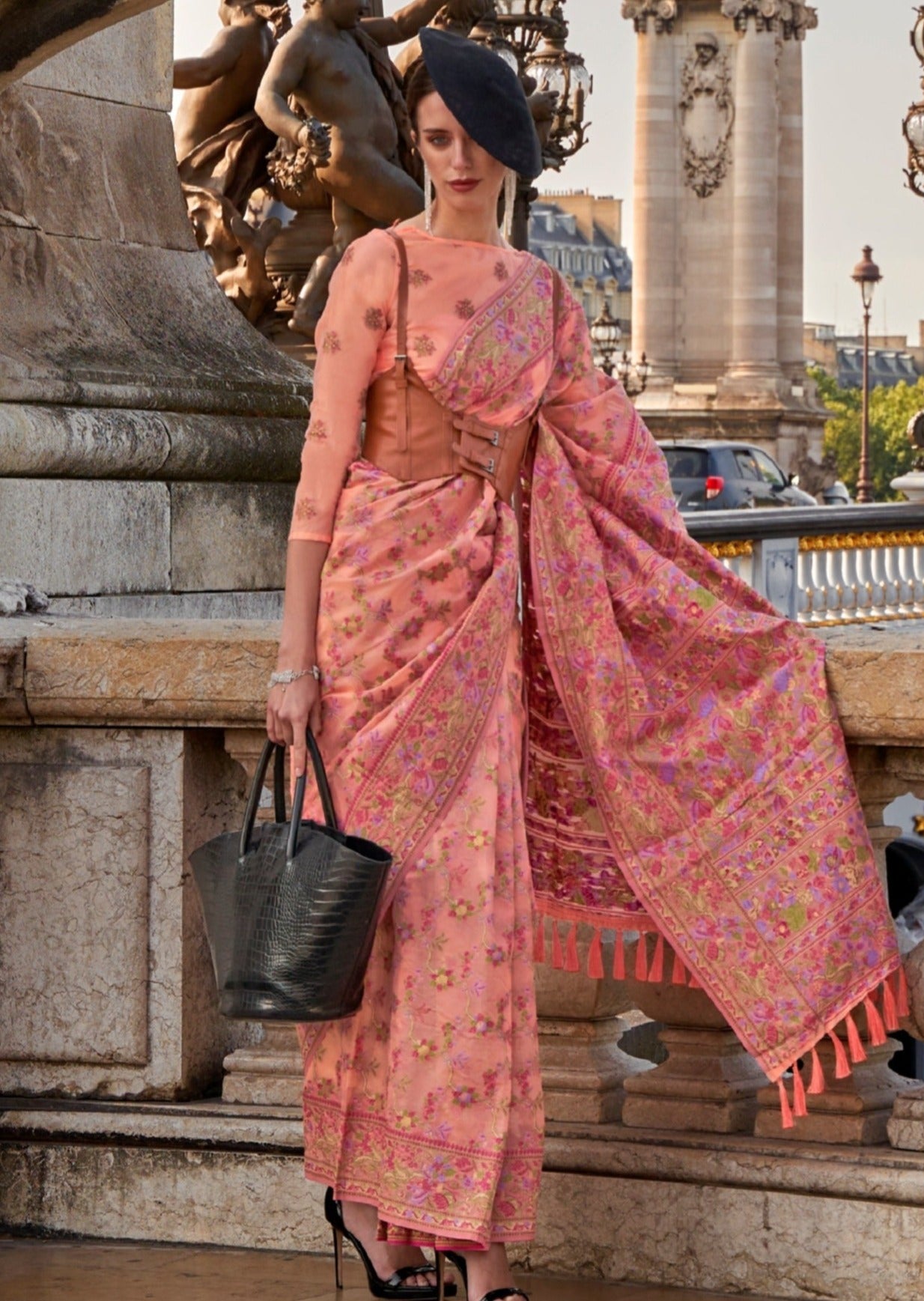 Pure handloom kashmiri organza embroidered peach saree online india usa uk uae buy.