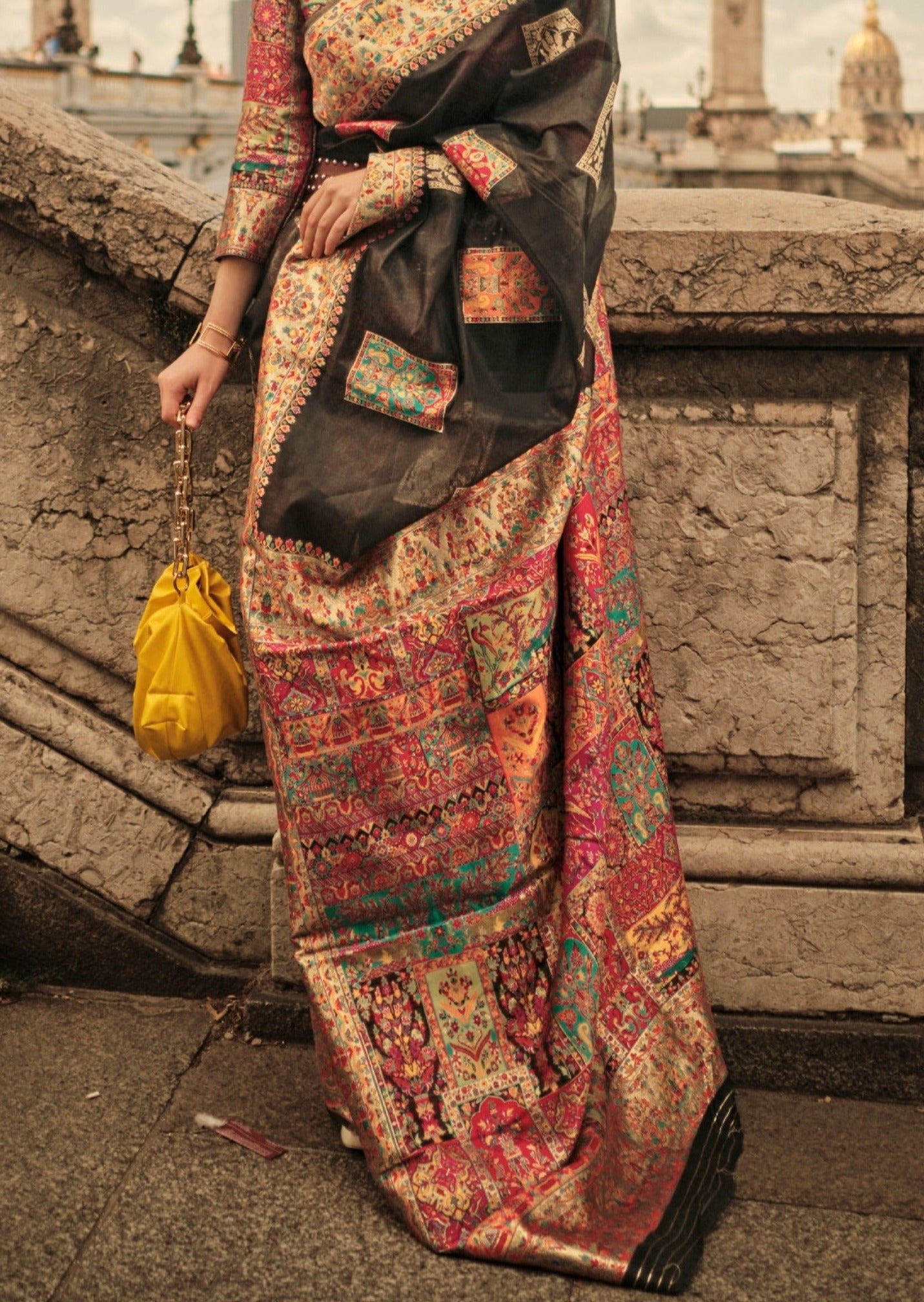 Pure handloom kashmiri silk embroidered black saree online shopping with price usa.