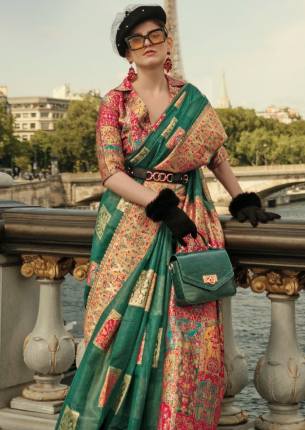 Pure handloom kashmiri silk embroidered green wedding saree online.