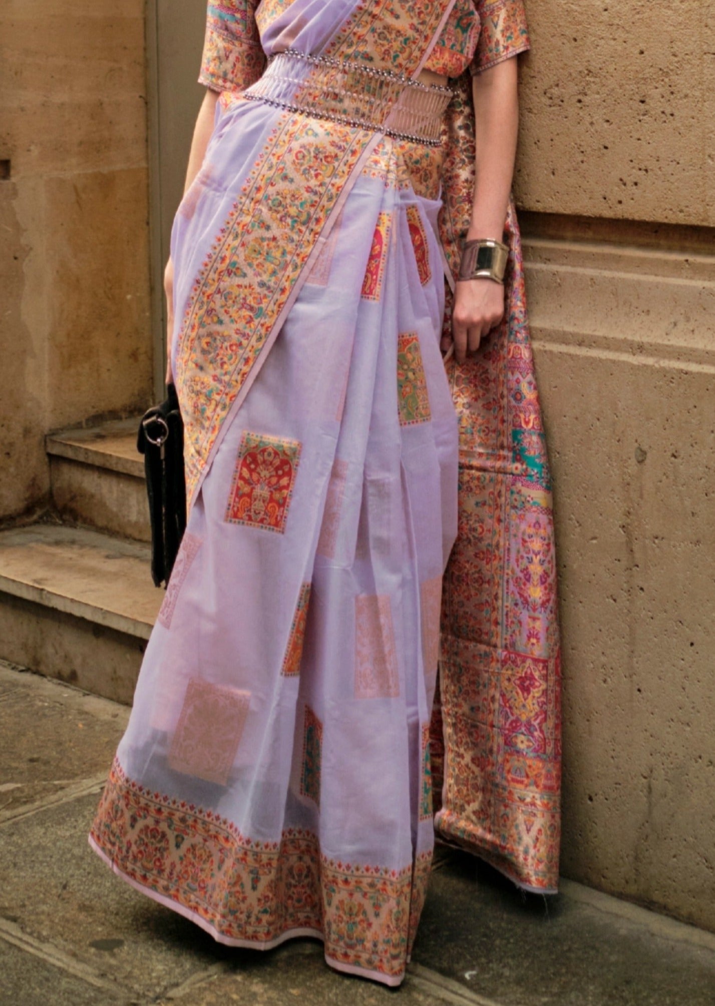 Pure handloom kashmiri silk embroidered lavender purple saree online shopping.