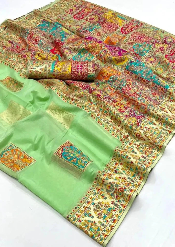Pure handloom kashmiri silk embroidered light green saree online.