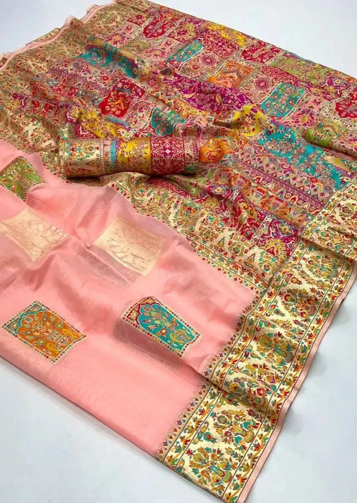 Pure handloom kashmiri silk embroidered peach saree usa uk uae online.