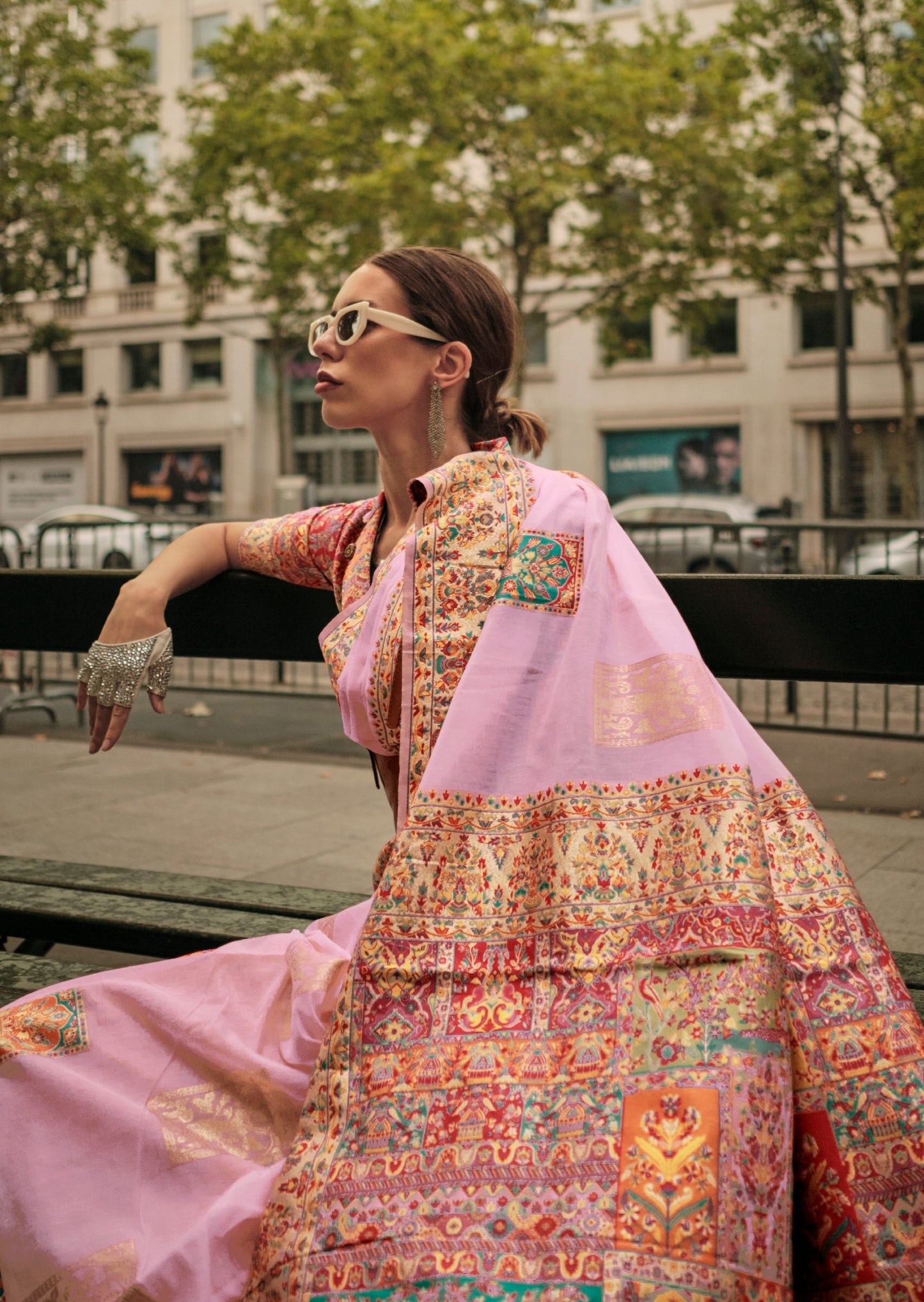 Pure handloom kashmiri silk embroidered pink saree online price for wedding for bride.