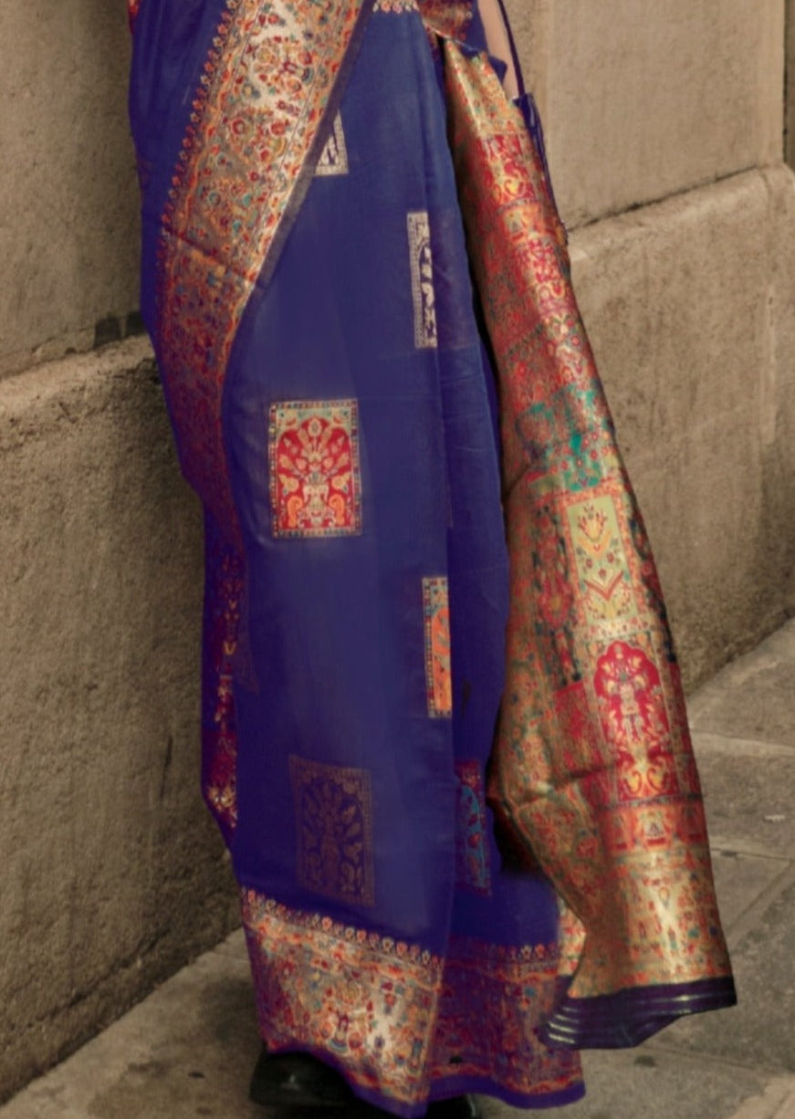 Pure handloom kashmiri silk embroidered royal blue bridal saree online.