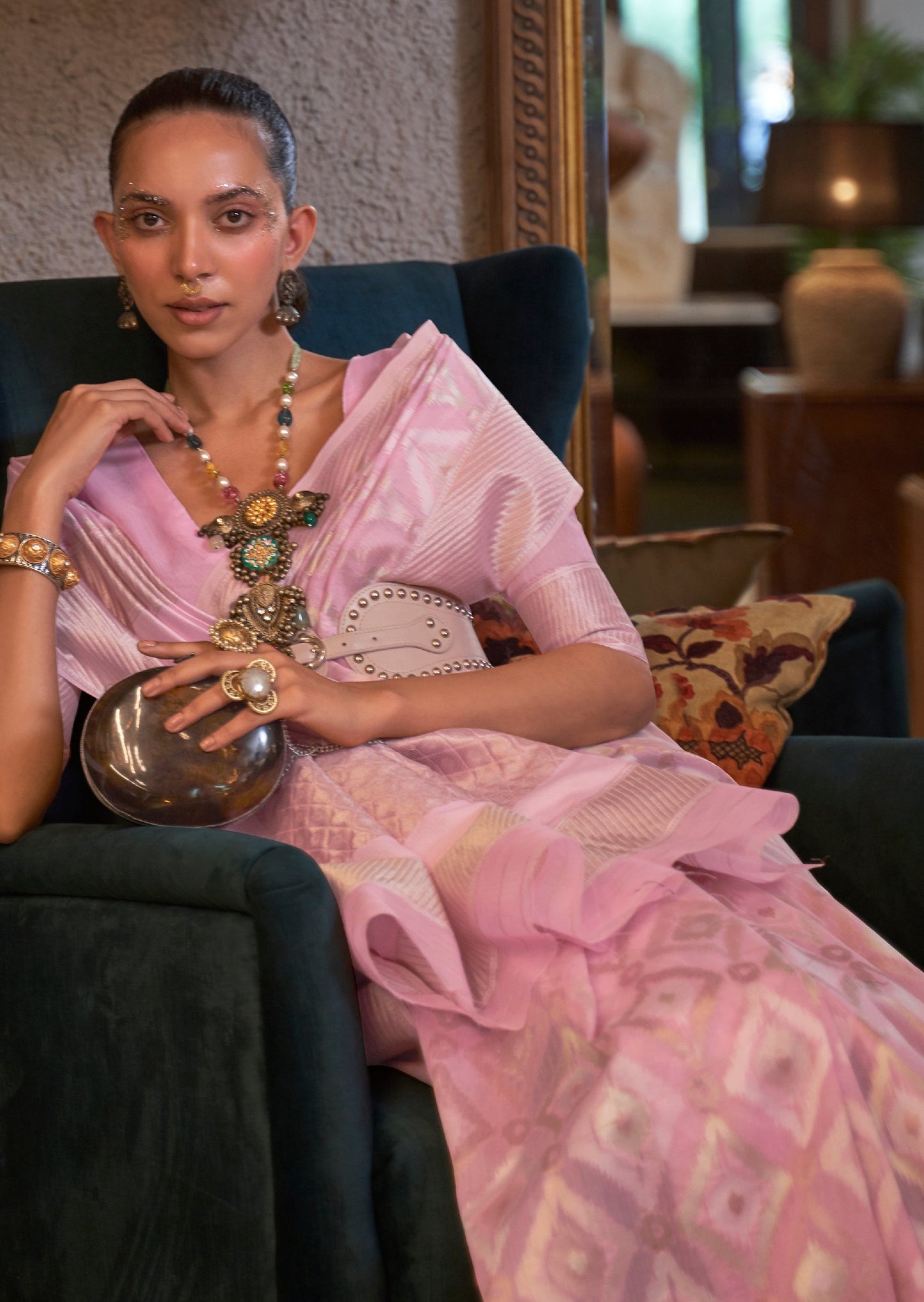 Pure handloom banarasi linen baby pink color saree blouse online shopping india usa uk.