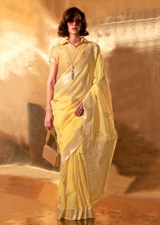 Pure handloom banarasi linen silk yellow saree online shopping price.