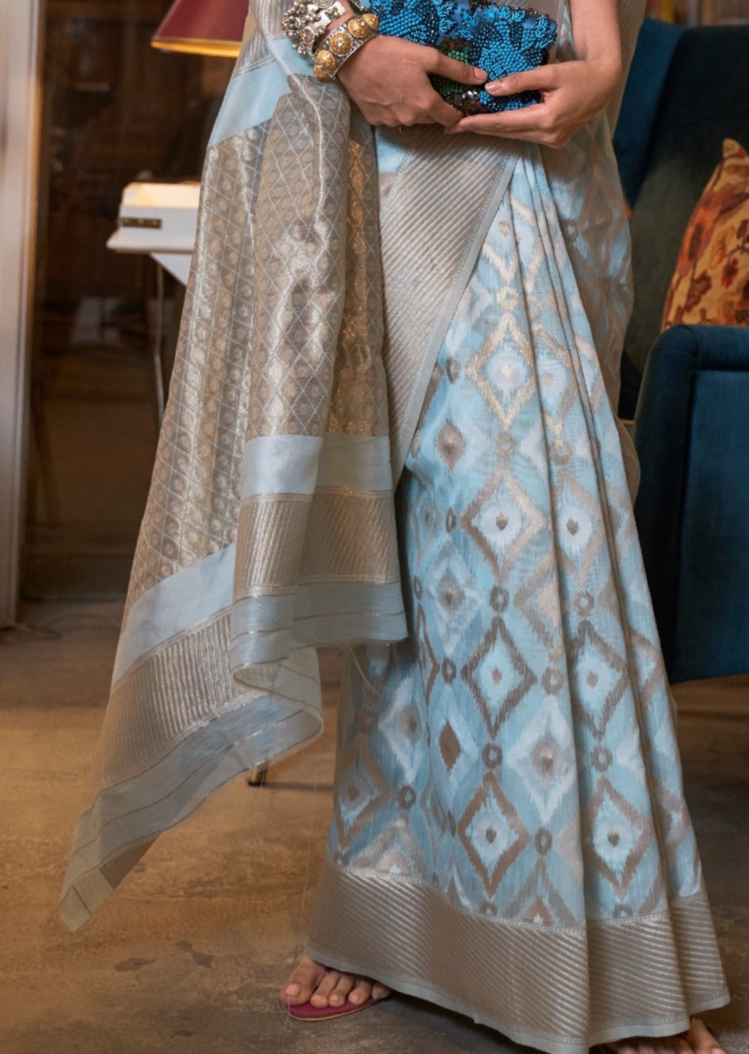 Sky blue color pure linen saree pallu design online shopping india usa london uk.