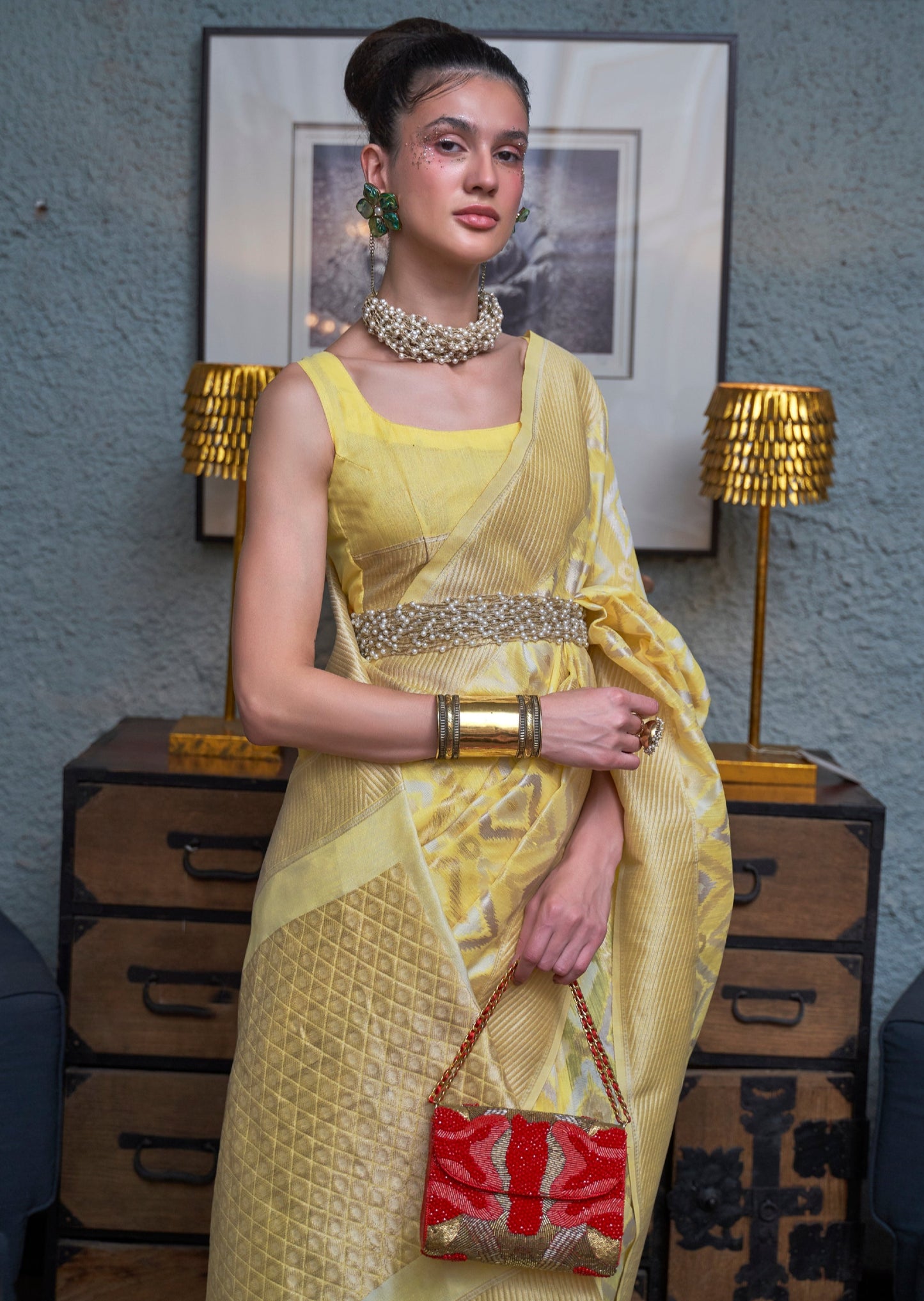 Pure handloom banarasi linen yellow saree online shopping usa india with price.