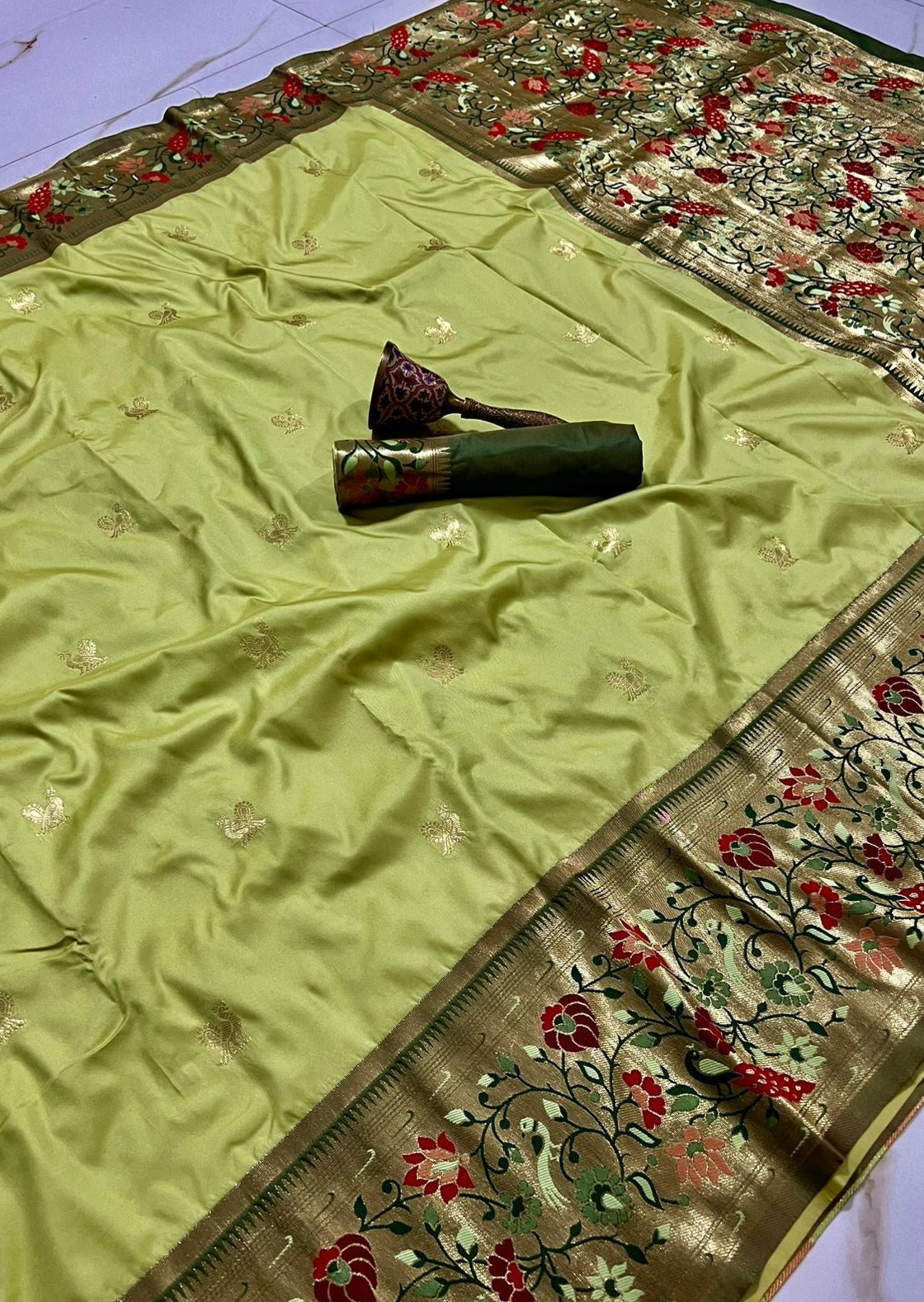 Pure paithani silk handloom lime green saree blouse designs online shopping usa.