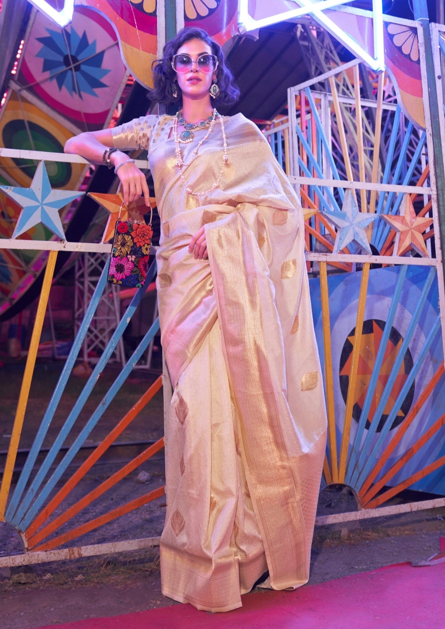 Pure handloom soft banarasi silk white saree with golden border online.
