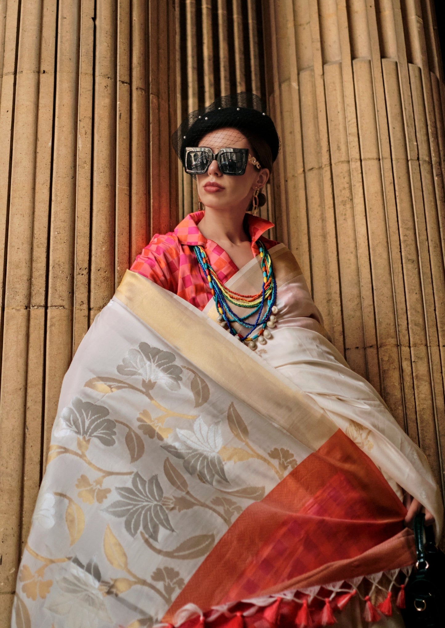 Pure handloom white kanjivaram silk saree with golden border online price india usa uk.