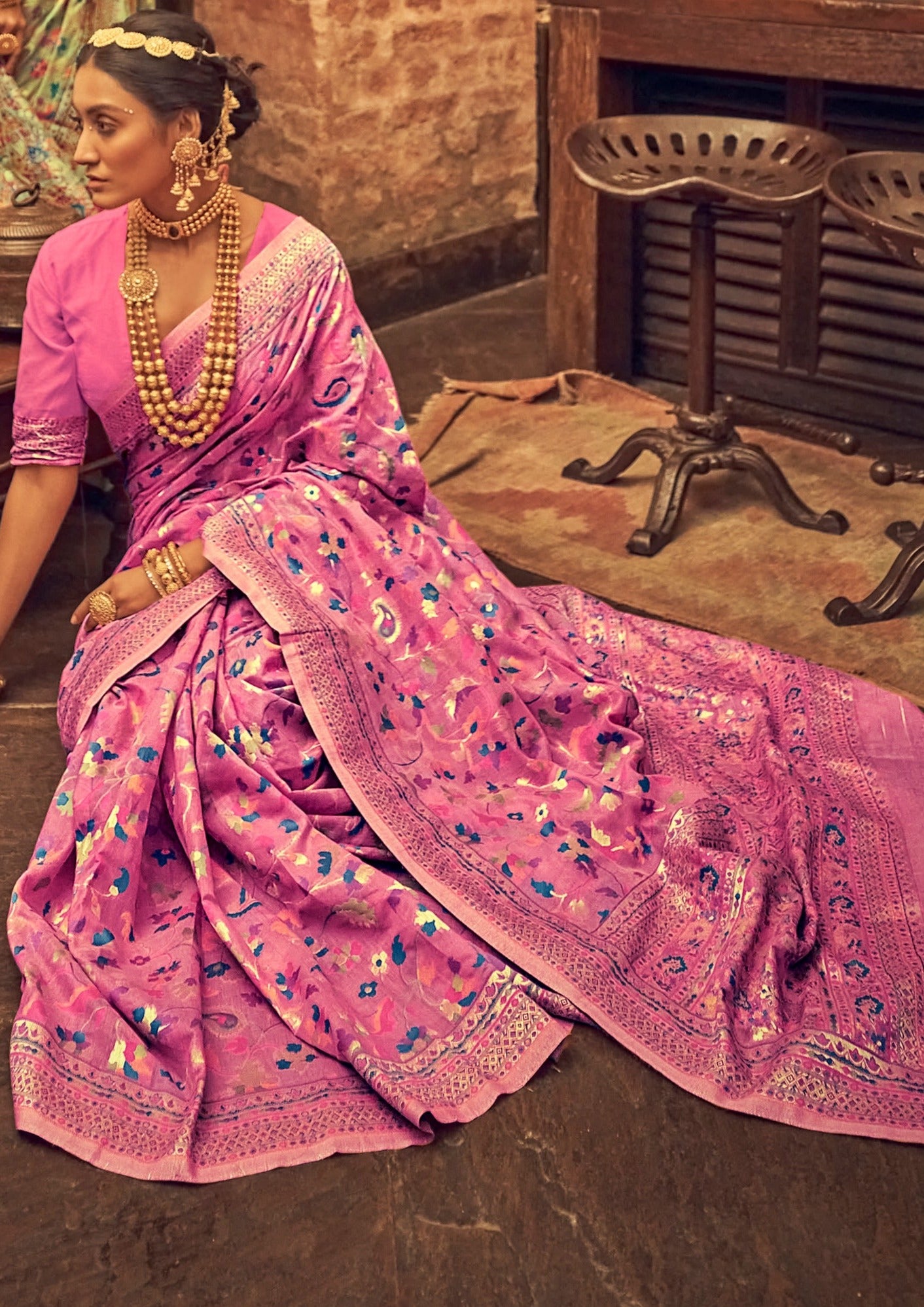 Pure kashmiri jamawar silk light pink pashmina saree kani work designs.