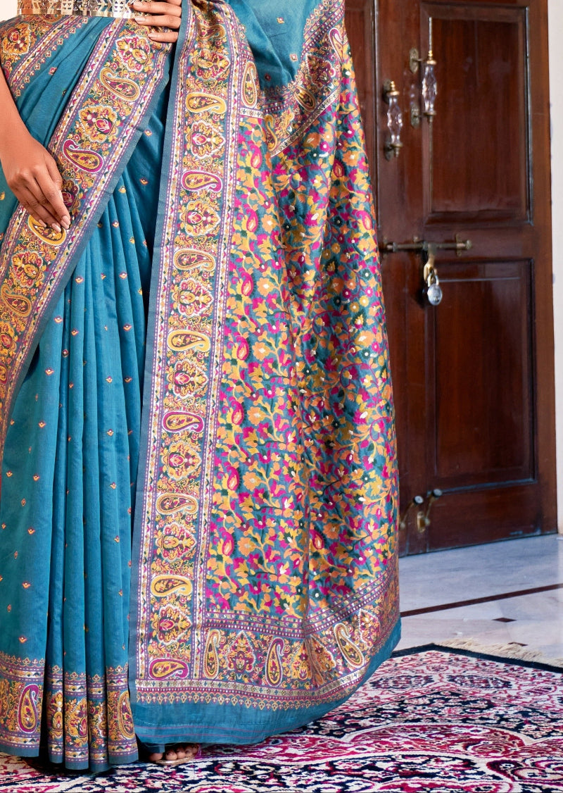 Kashmiri Pashmina Silk Embroidered blue colour Handloom Saree pallu design