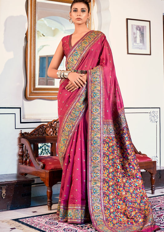 Women's pure kashmiri pashmina silk embroidered red handloom Saree.