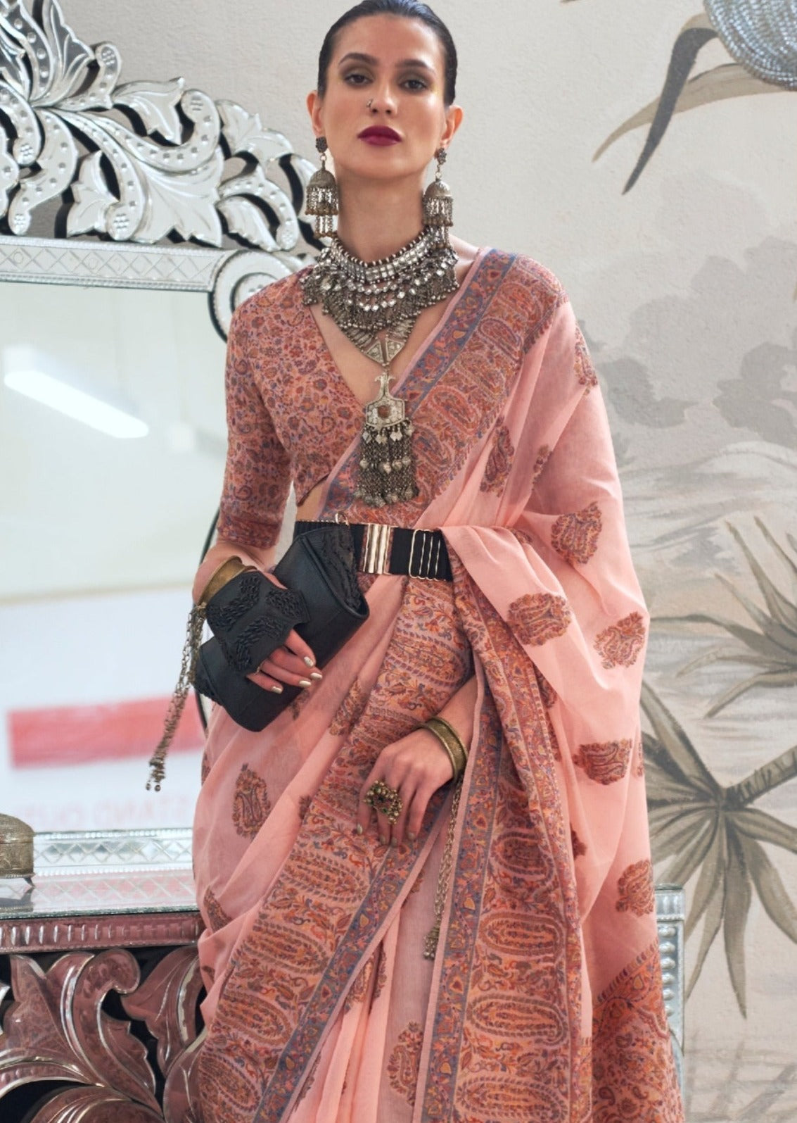 Bride in pure kashmiri silk handloom peach saree blouse.