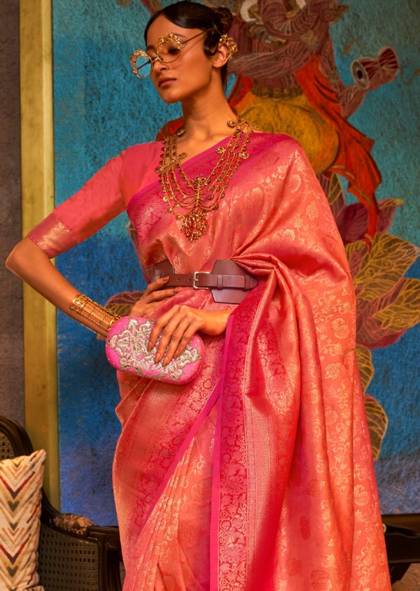 Pure katan banarasi silk handloom orange saree online buy usa.