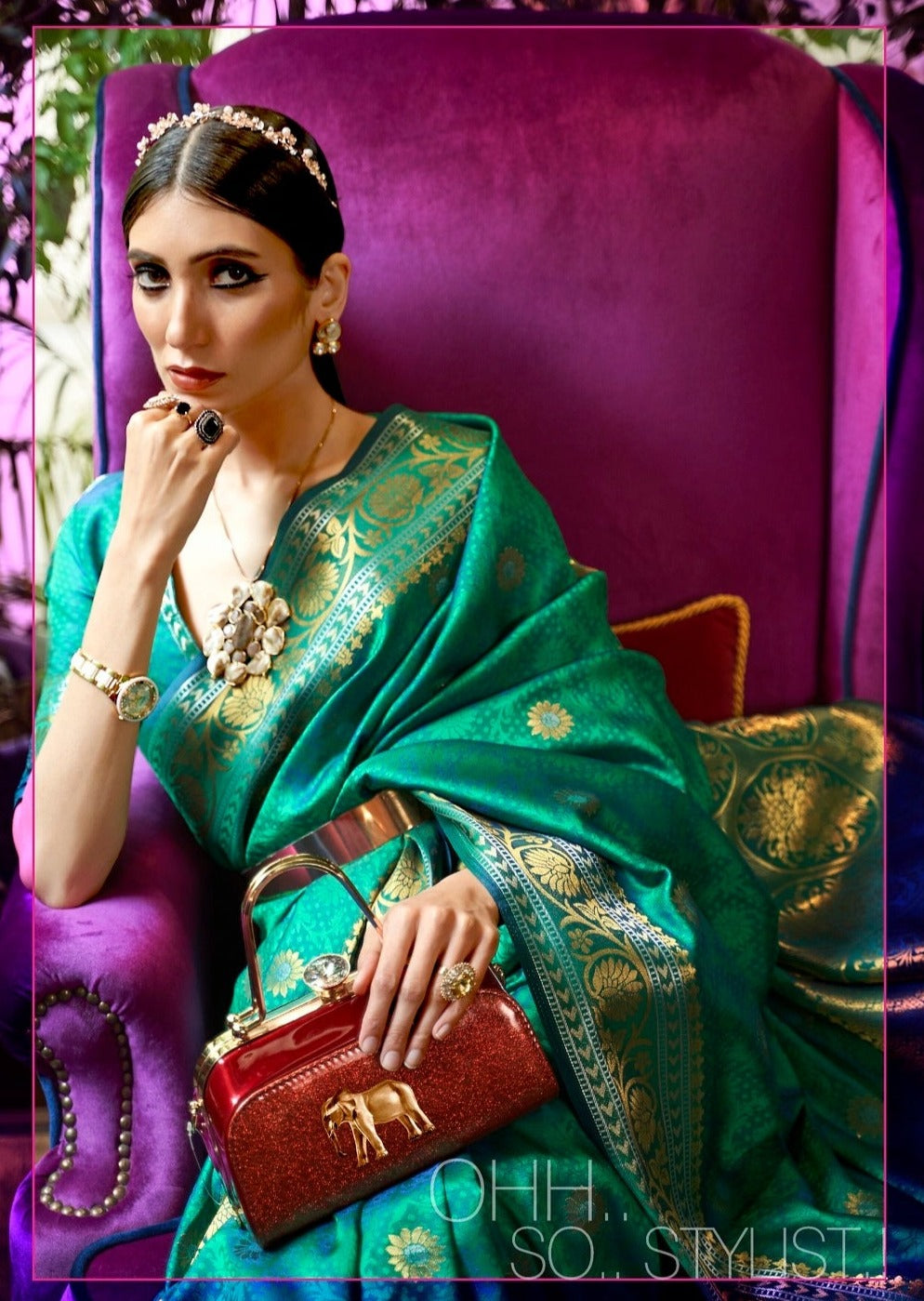 Women's pure katan silk green banarasi handloom saree blouse online.