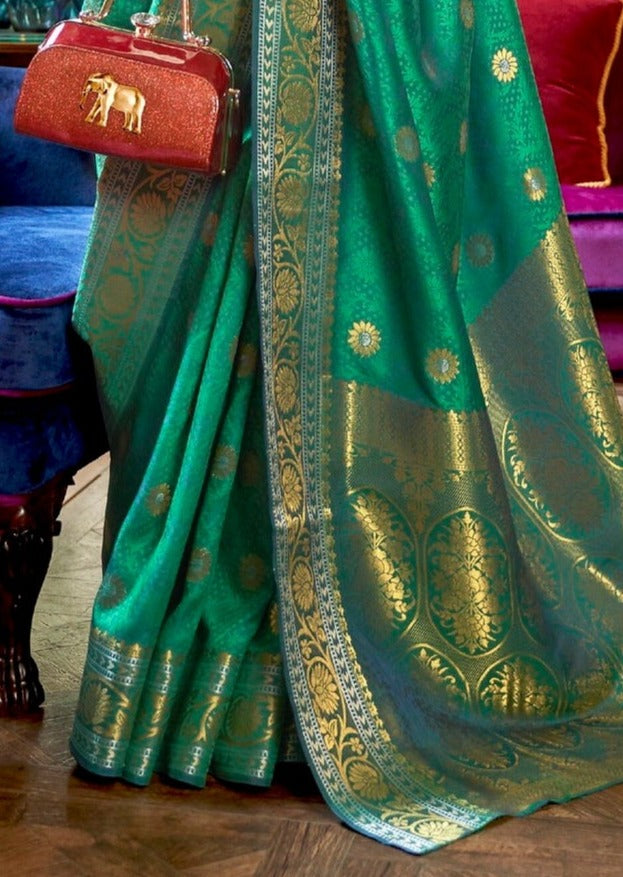 Katan silk green banarasi handloom saree design online price.