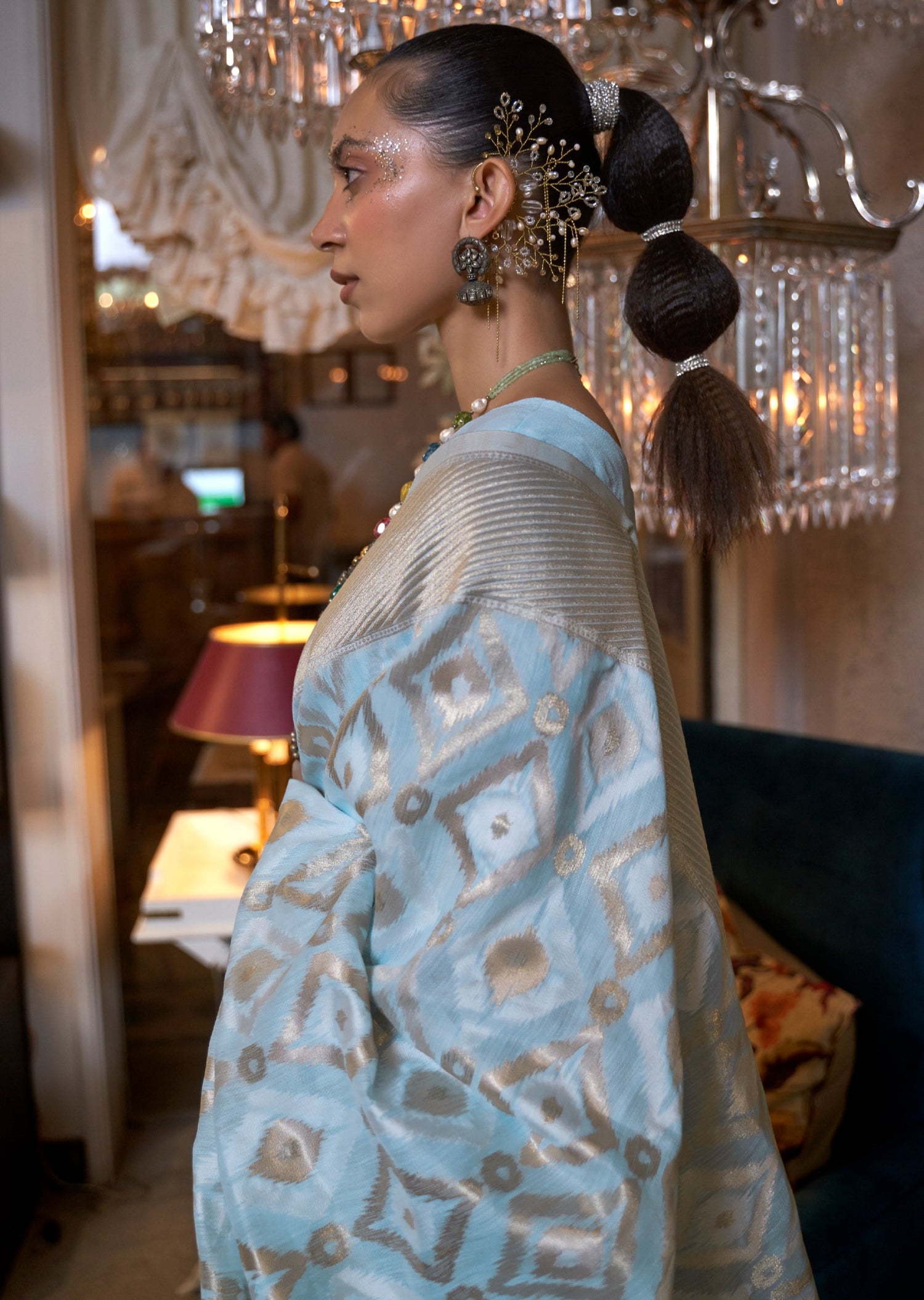 Woman's modern look pure linen sky blue aqua color saree online shopping india usa london uk.