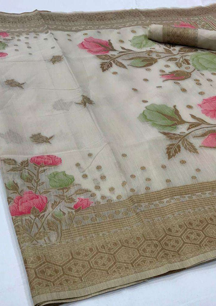 Pure linen beige saree with golden border online india usa summer wedding sale designs.