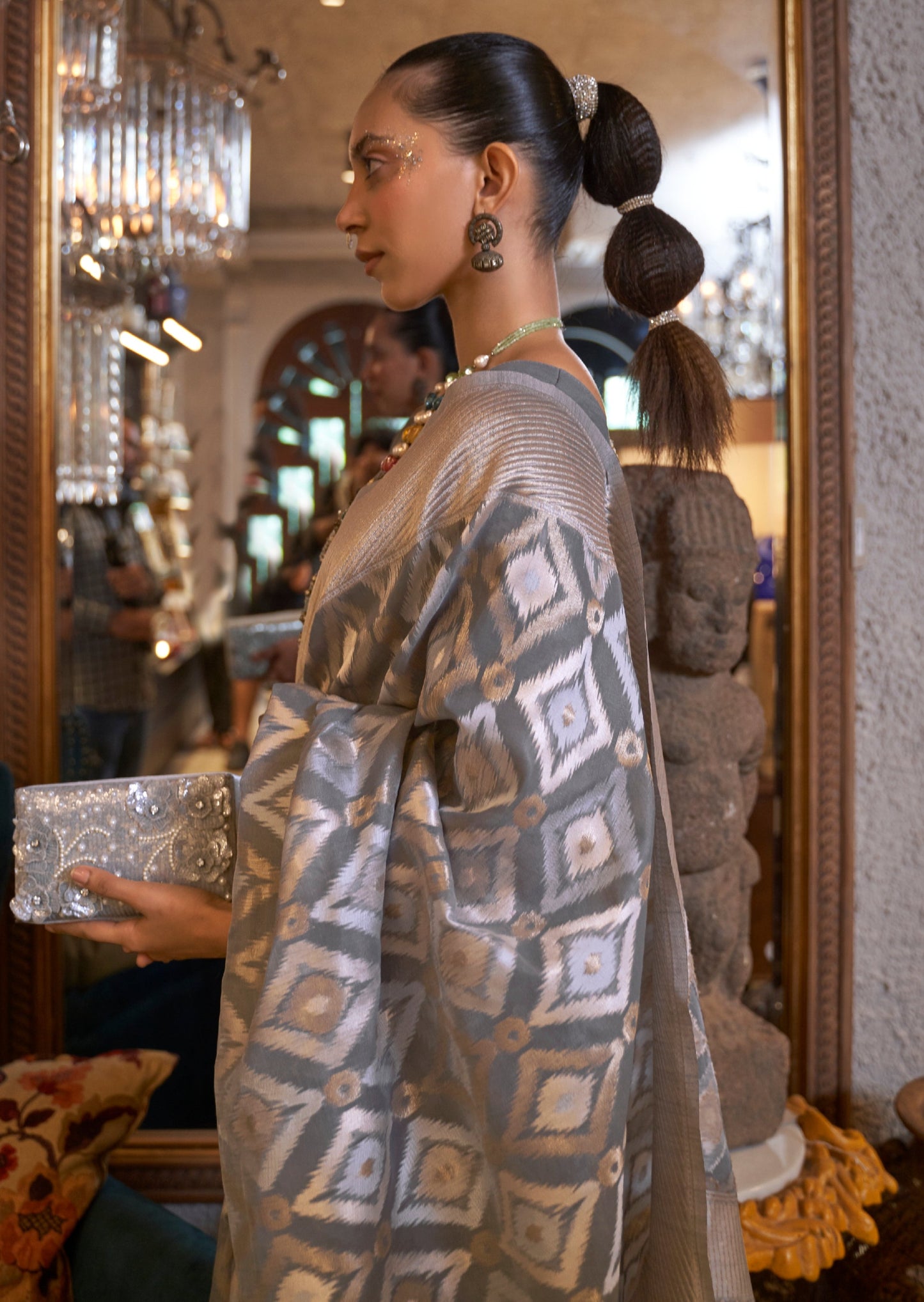 Pure handloom banarasi linen grey saree online shopping price in usa & india.