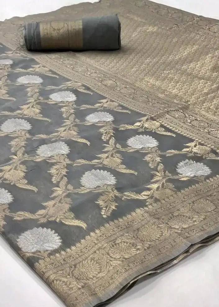 Pure Linen Grey Zari Handloom Saree