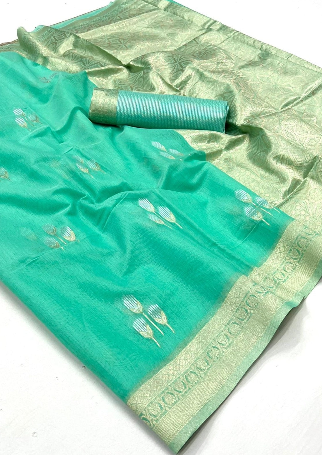 Pure banarasi handloom linen sarees usa online shopping in jade green color.