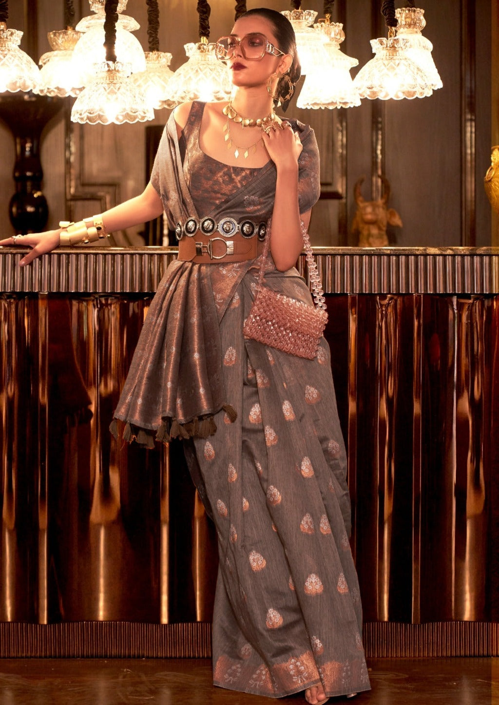 Pure linen silk handloom saree online price india coffee brown color in usa uk uae.