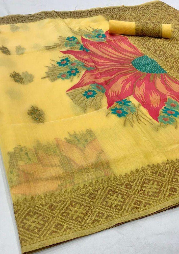 Pure linen sunshine yellow handloom zari saree online shopping price for summer wedding.