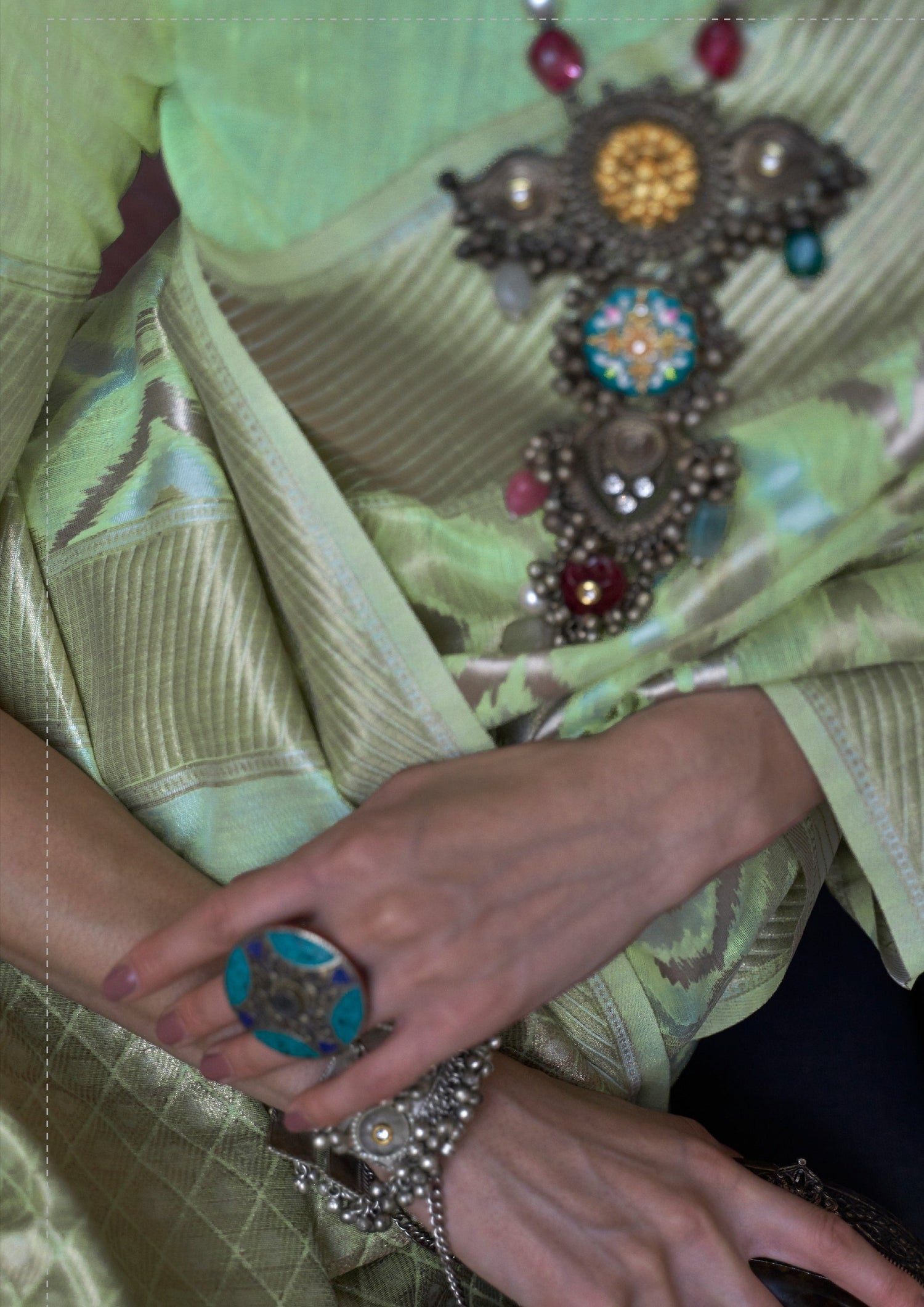 Pure organic banarasi linen lime green saree blouse usa online.