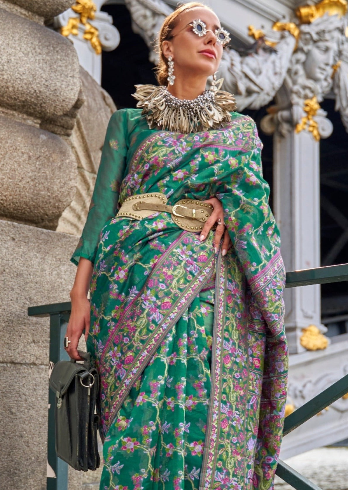 Pure organza embroidery green handloom luxury saree online shopping for wedding uk.