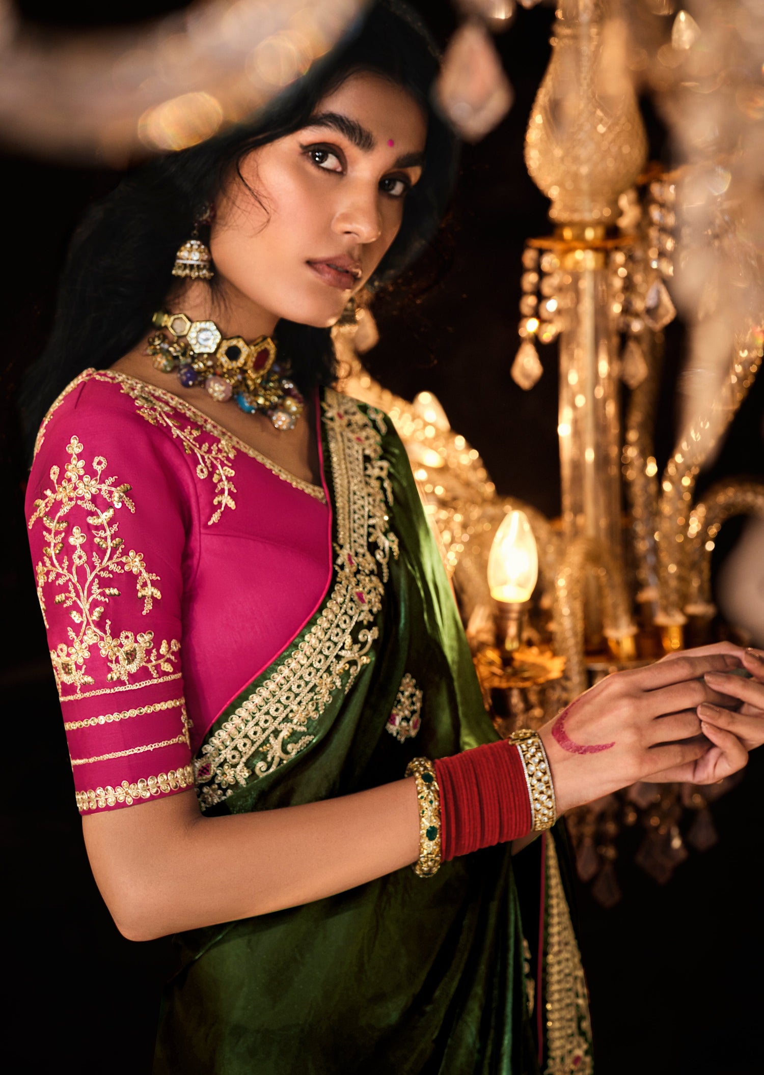 Pure organza embroidery work saree online in green red colour combination.