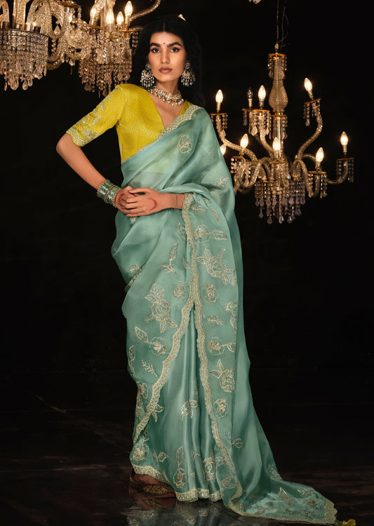 Pure organza embroidery work saree online shopping with contrast blouse online shopping for wedding.