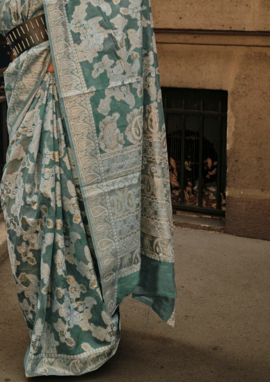 Green color organza lucknowi chikankari saree design.