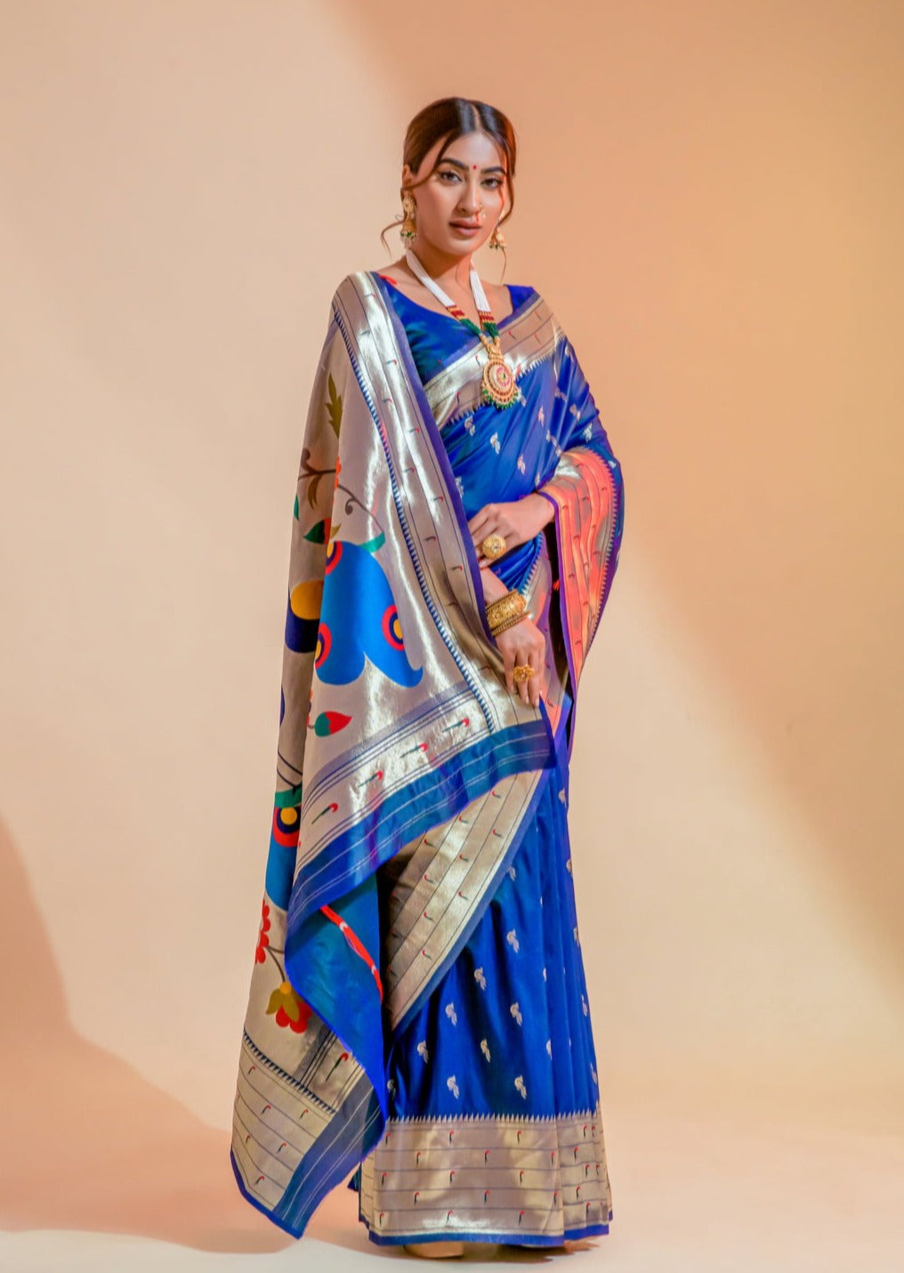 Pure paithani silk blue handloom saree online usa price for wedding look in traditional design.