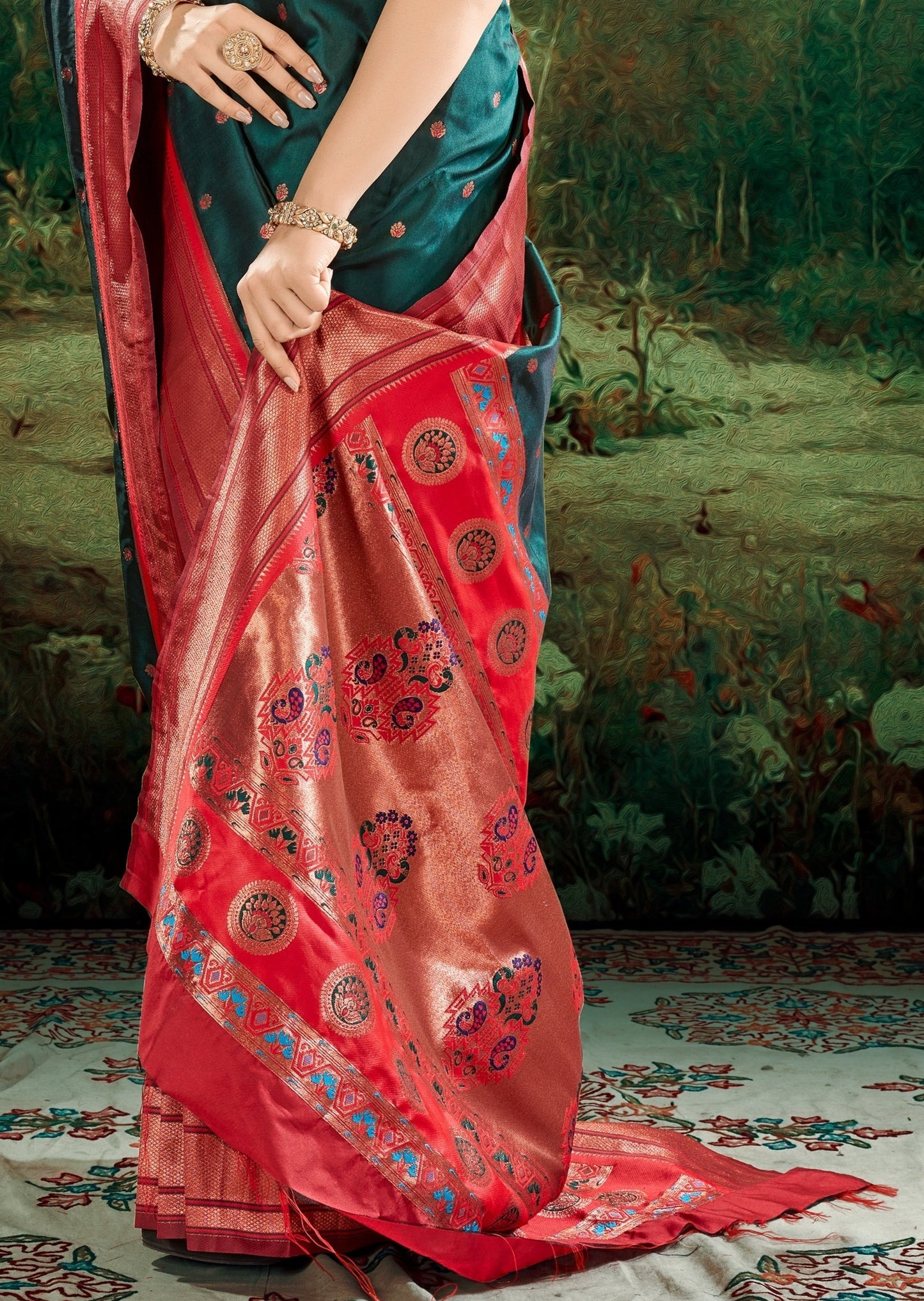 Close up of Green Paithani Silk Saree with copper zari pallu
