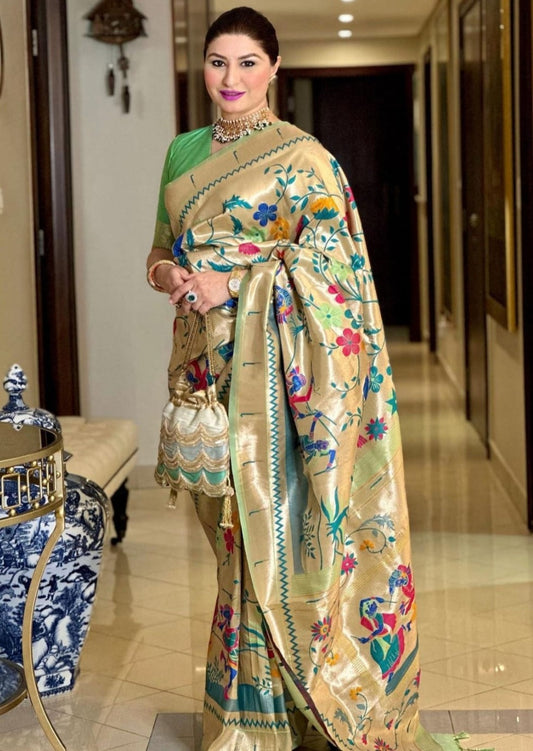 Pure paithani silk handloom saree in mint green colour.