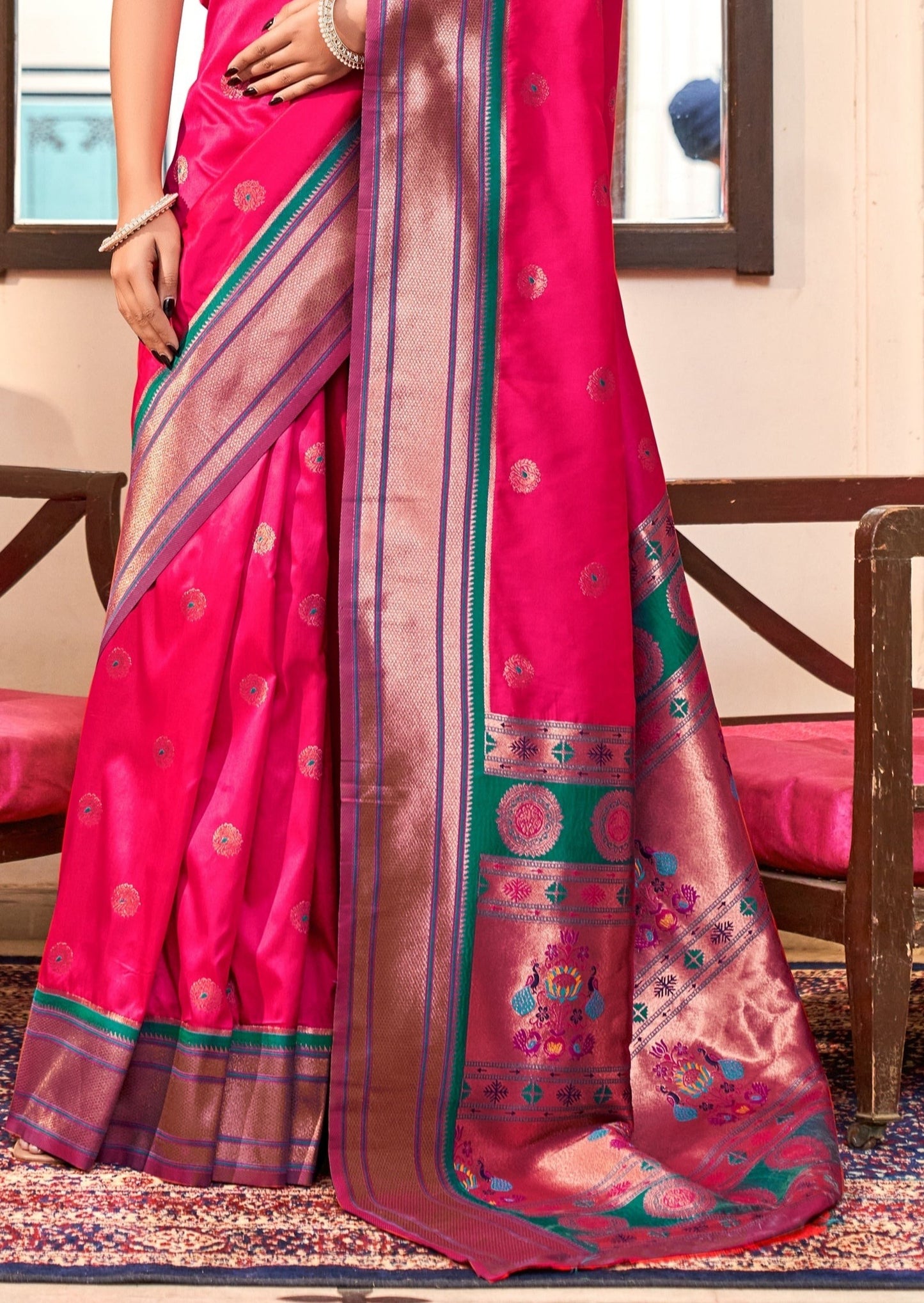 Pure paithani silk red handloom bridal saree contrast blouse online for bride uk.