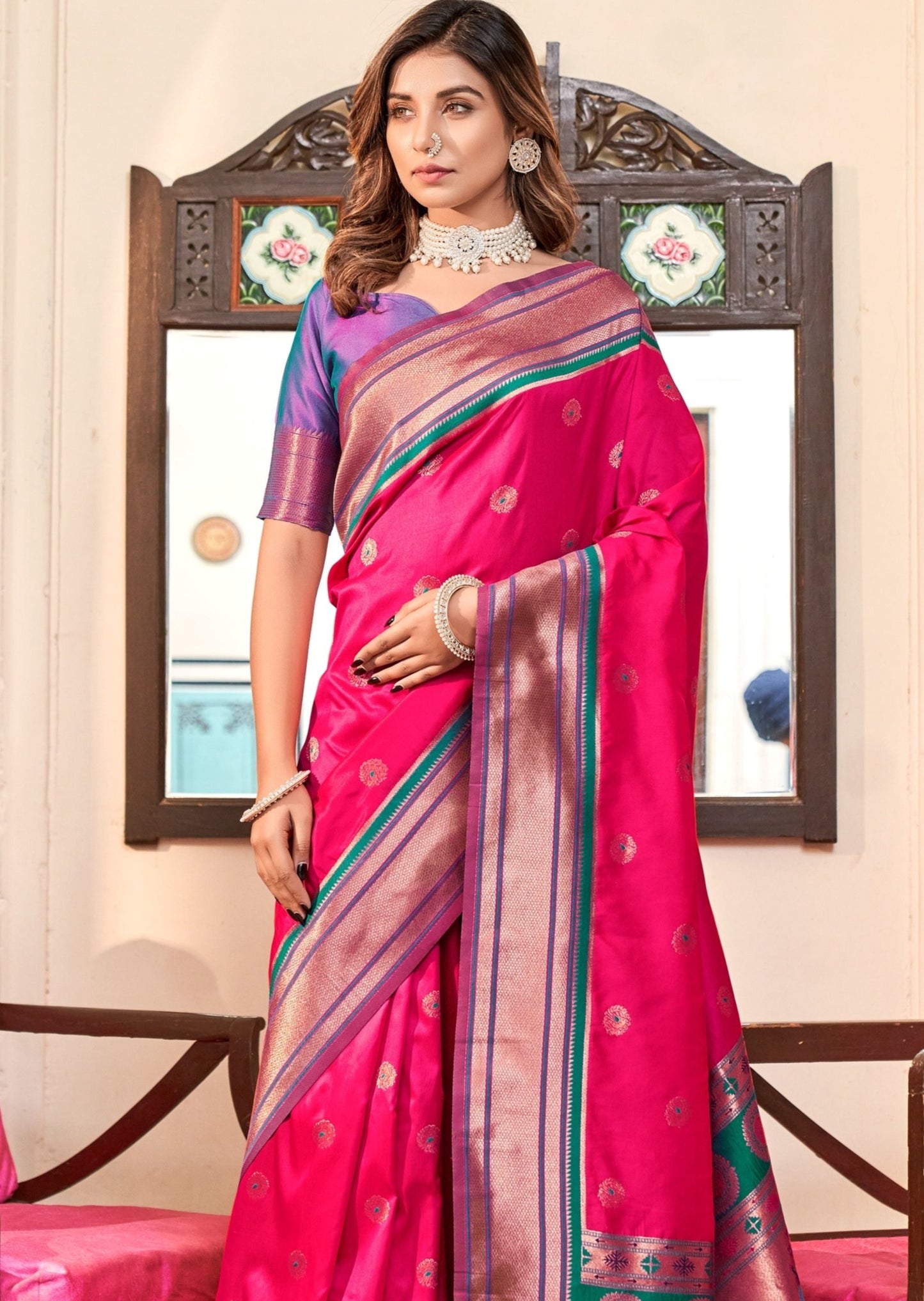 Pure paithani silk red handloom bridal saree contrast blouse online for bride usa.