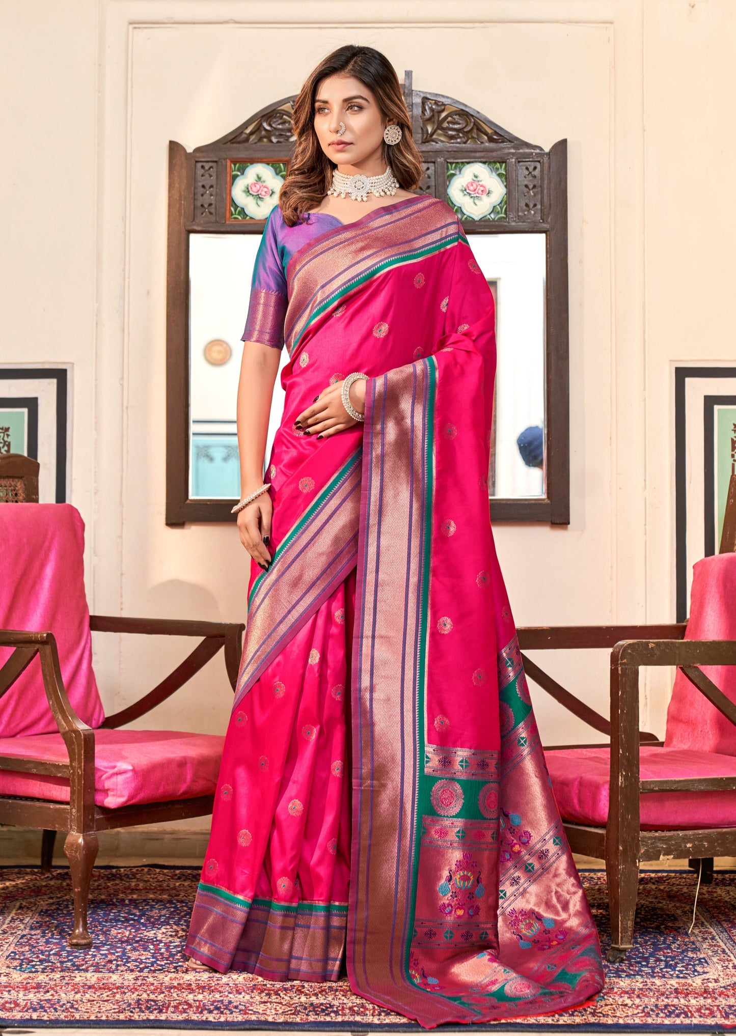 Pure paithani silk red handloom bridal saree contrast blouse online for wedding.