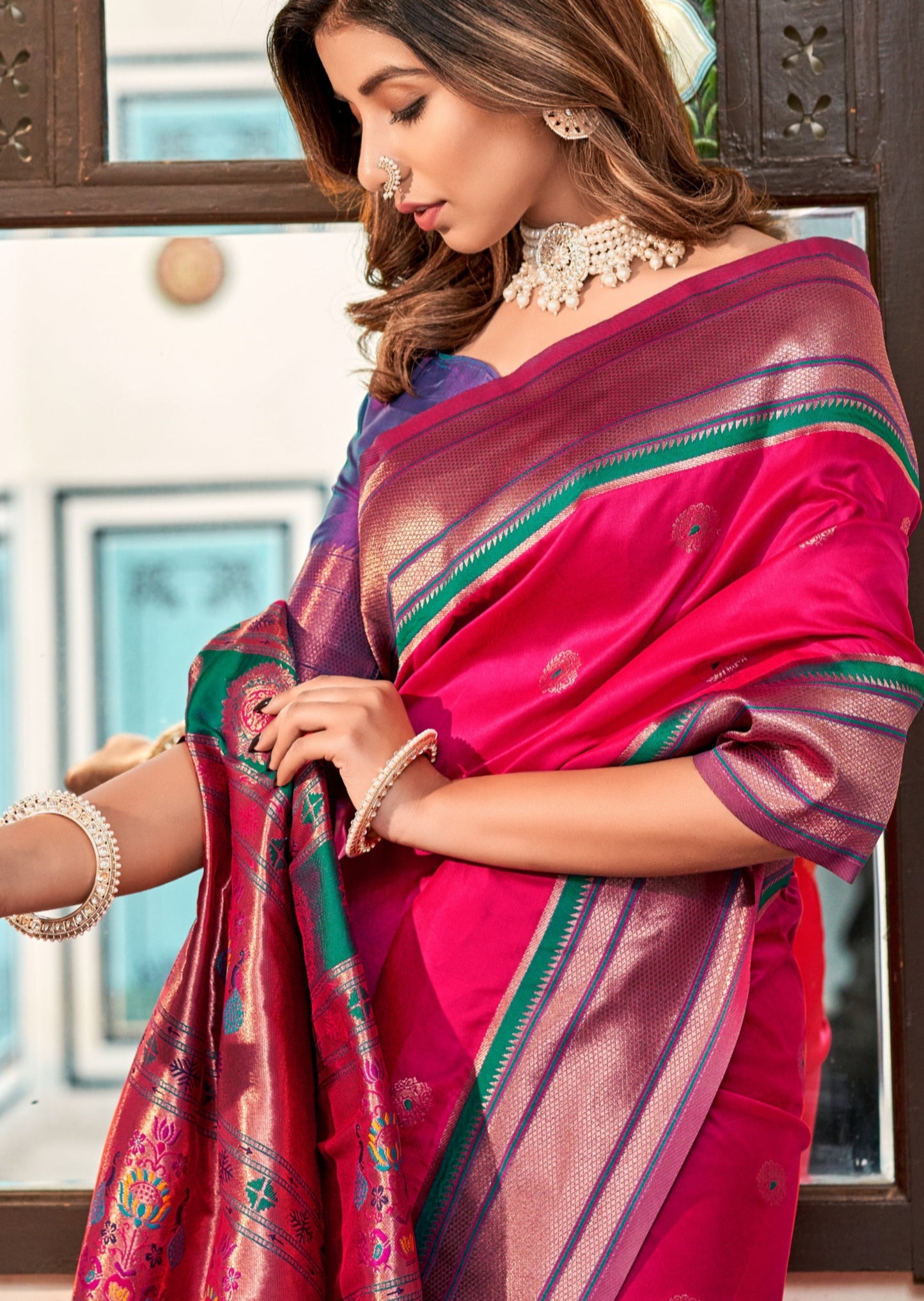 Pure paithani silk red handloom bridal saree contrast blouse online usa uk for wedding.