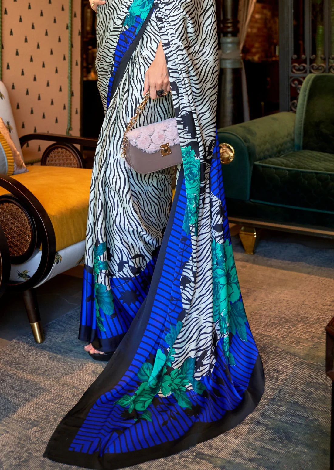 Digital print pure satin silk white blue bridesmaids saree blouse designs online collection shopping sale.