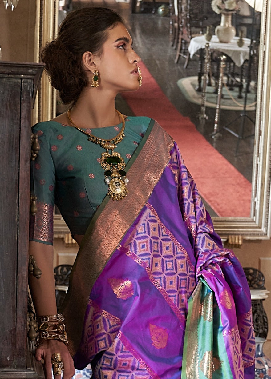 Real zari weaving purple kanjivaram silk saree with green color blouse – usa uk fast shipping.