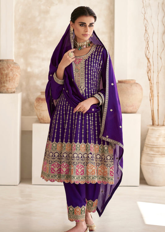 Purple pure silk bridal salwar suit with dupatta luxury designer online usa uk uae.