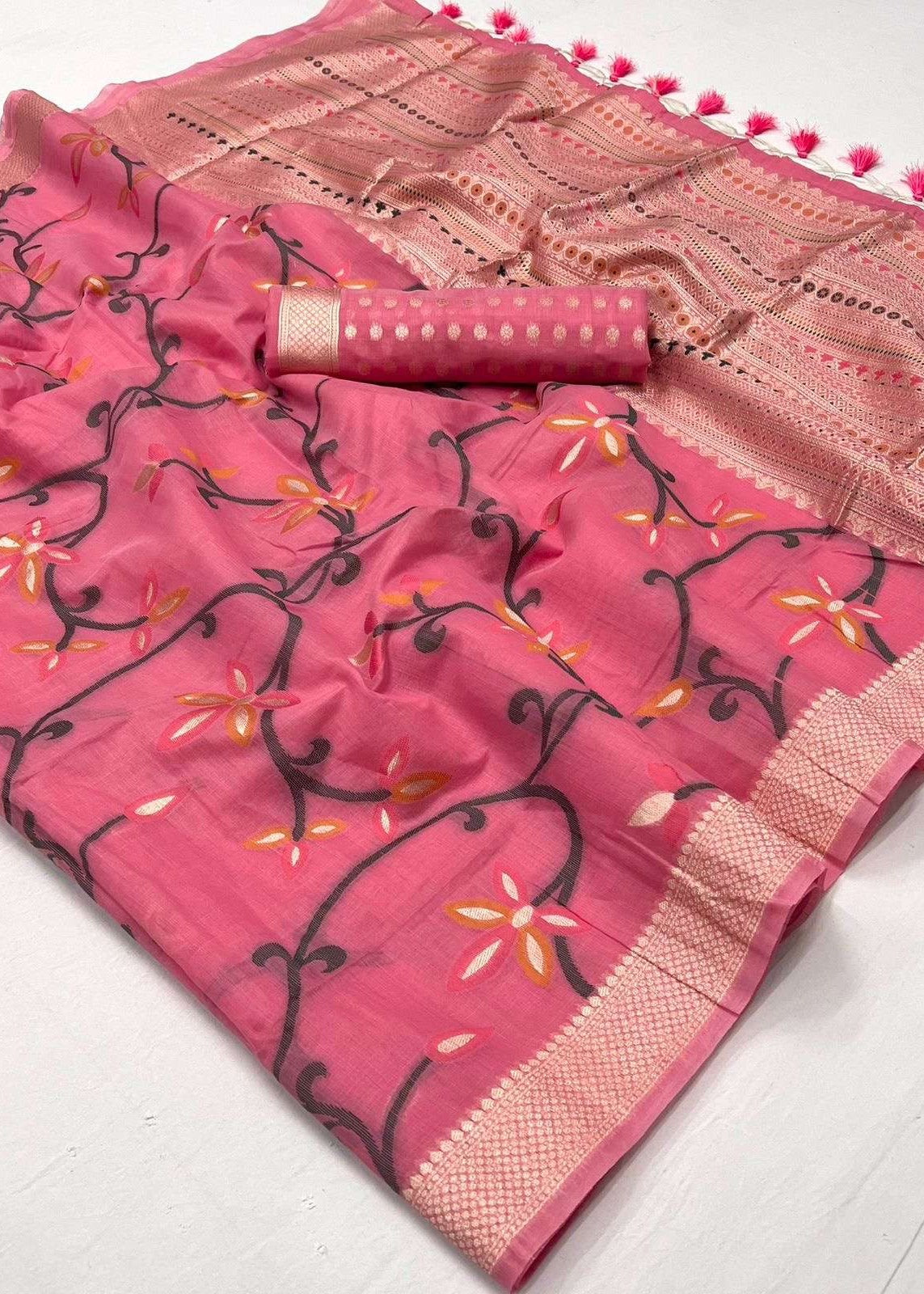 Rose Pink Banarasi Cotton Silk Zari Work Handloom Saree