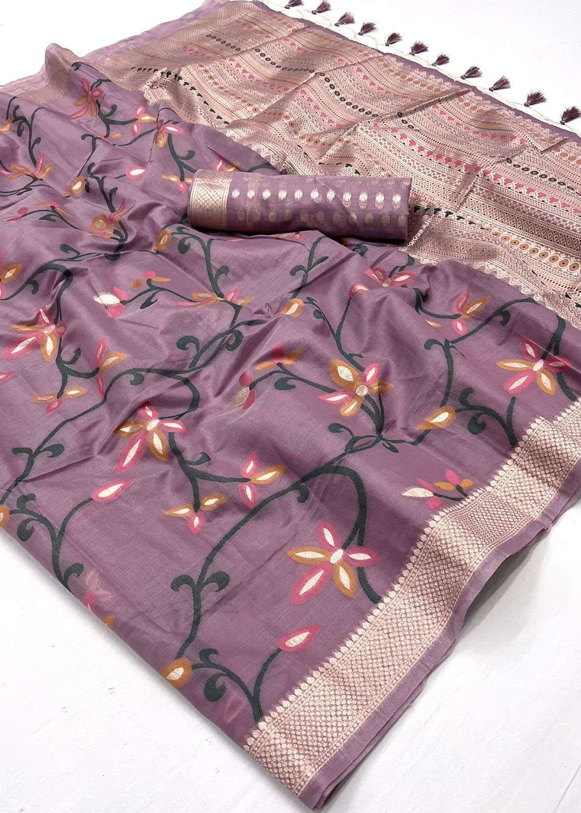 Lavender Purple Banarasi Cotton Silk Zari Work Handloom Saree
